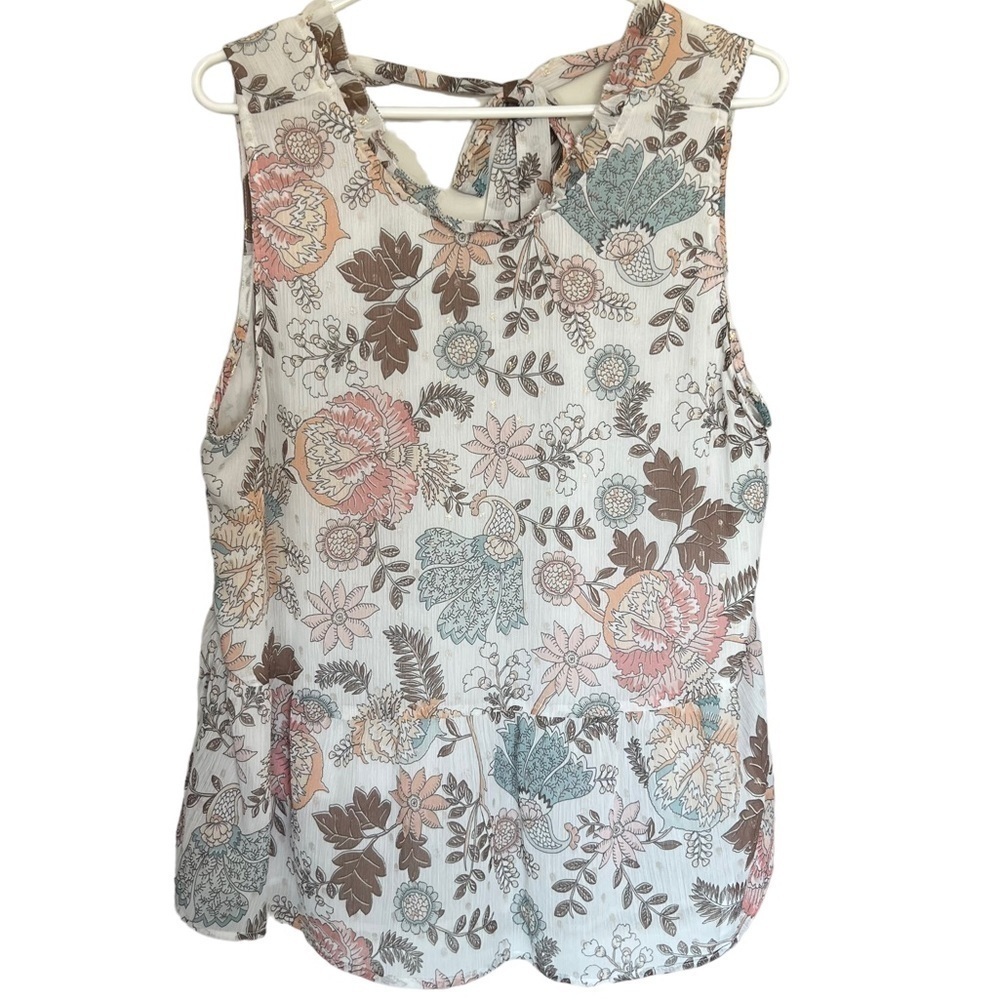 LOFT Sleeveless Blouse Pink Green Floral Tie Bow Front Flowy Boho Size L…